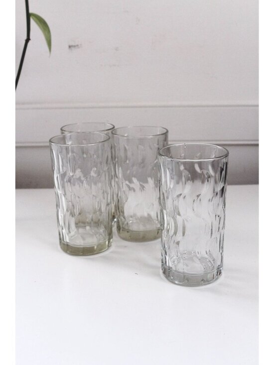 None Other - Vintage Clear Glasses Textured Wave, Crescent Moon or Half Moon Pattern, Set of